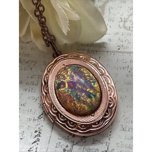 Rose Gold Brass Harlequin Opal Birthday Gift Locket Necklace Pendant Wedding - Picture 5 of 14